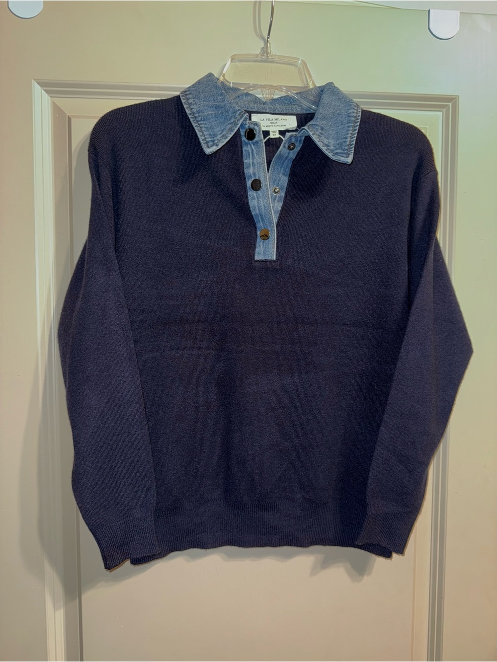 La Vila Milano Navy Pullover Sweater with Denim Collar
